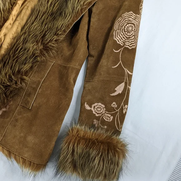 ✌️Penny Lane Brown Faux Fur Trimmed Women's Suede Leather Jacket 🎸 - Picture 6 of 15